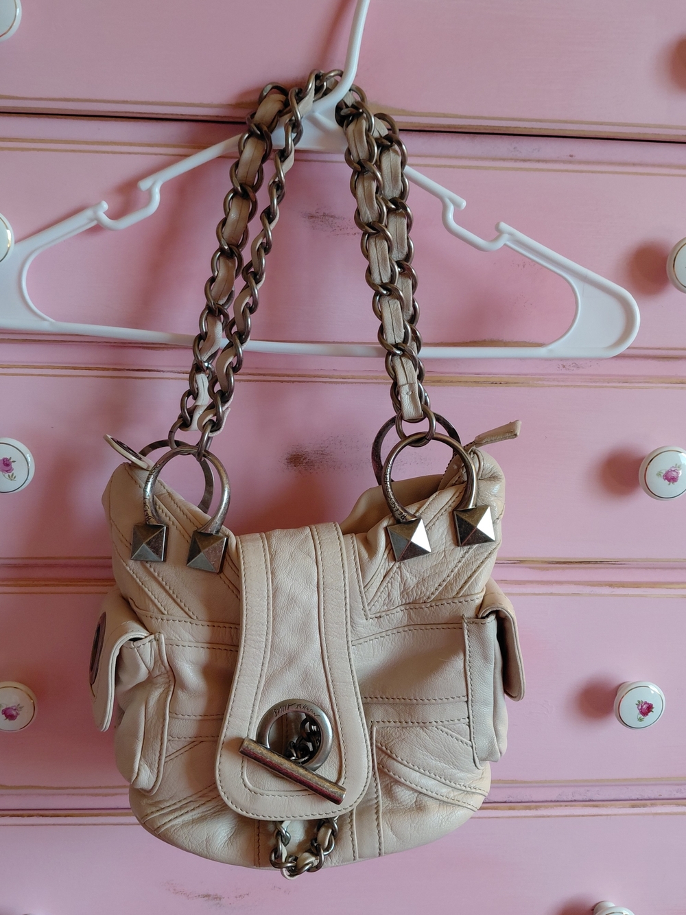 Betsey Johnson Beige Leather Chain-Handle Shoulder Bag